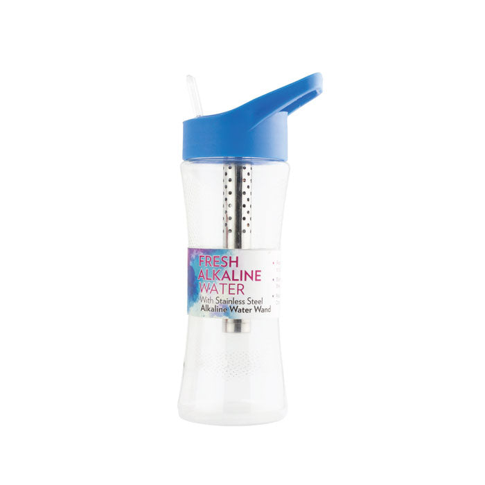The New Wave Enviro Alkaline Water Wand Bottle is a clear, BPA-free bottle with a blue flip-top lid, built-in stainless steel alkaline wand, and a "Fresh Alkaline Water" label in pink and blue.
