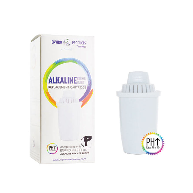 A white New Wave Enviro Alkaline Pitcher Replacement Cartridge is shown beside its packaging, which displays colorful branding and the product name.