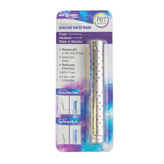 The New Wave Enviro Alkaline Water Wand is a packaged stainless steel wand designed to alkalize water, raise pH, and reduce chlorine in minutes. Its mostly white and purple packaging features blue accents and usage illustrations.
