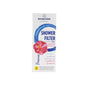 A white box of New Wave Enviro Premium Shower Filter features a blue circle, red flower, and text emphasizing aromatherapy benefits, chlorine reduction for healthier skin, and softer hair.