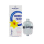 A New Wave Enviro Designer Shower Filter (silver) beside its box, featuring a yellow flower and blue circles. Highlights include reducing chlorine for healthier skin, softer hair, and easier breathing.