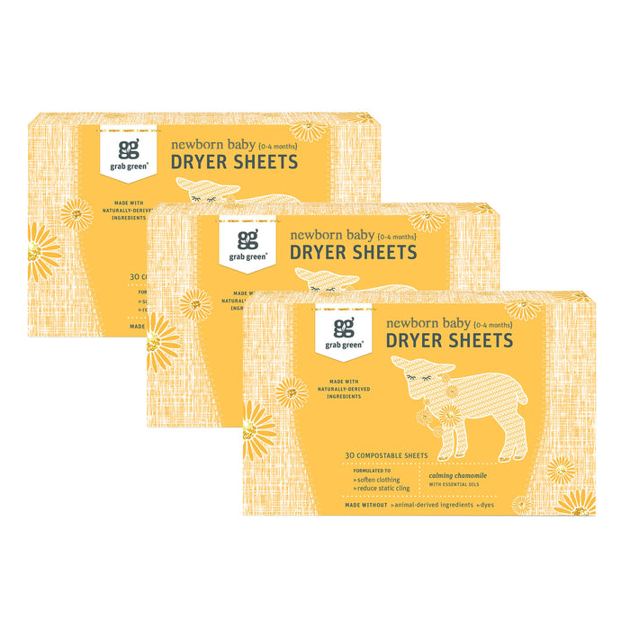 Three boxes of grab green Newborn Baby Dryer Sheets - Chamomile are shown in a yellow package with white sheep and flower illustrations. Each box contains 30 compostable sheets to naturally soften fabrics and reduce static cling for babies aged 0-4 months.