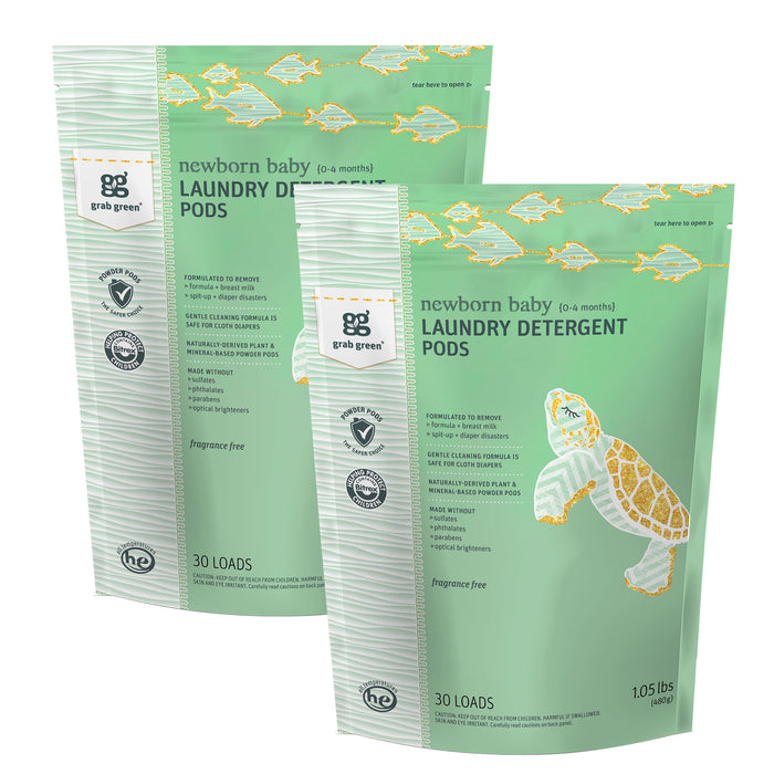 Two light green bags of grab green Newborn Laundry Detergent Pods, with fish and turtle illustrations, are ideal for sensitive skin. Fragrance-free with a clean-rinse formula, each bag can tackle stains across 30 loads.