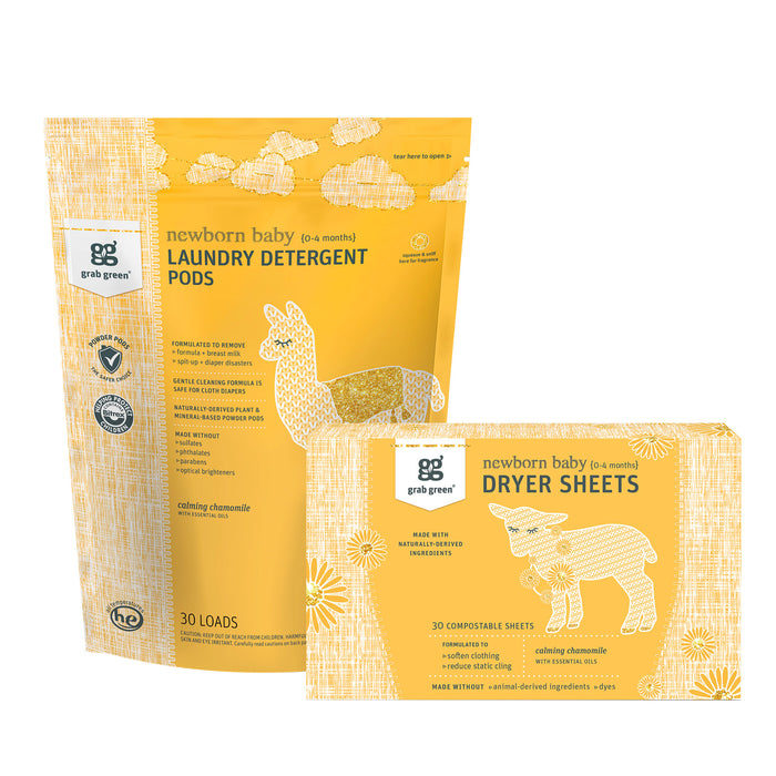 Grab Greens Newborn Laundry Detergent Pods have yellow packaging with an animal illustration, tall detergent bag, and rectangular box for sensitive skin (0+ months), featuring a clean-rinse formula and calming chamomile scent.
