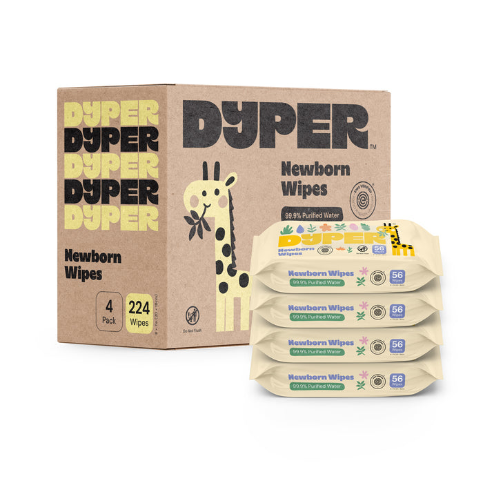 A box labeled “DYPER Newborn Baby Wipes for Super Sensitive Skin” with a giraffe illustration and four light yellow packs marked “Newborn Wipes,” containing a total of 224 hypoallergenic wipes.