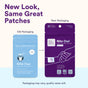 A comparison of the light blue old packaging and the purple new packaging for Nite Owl Children’s Sleep Support Patches, with an arrow indicating the update.