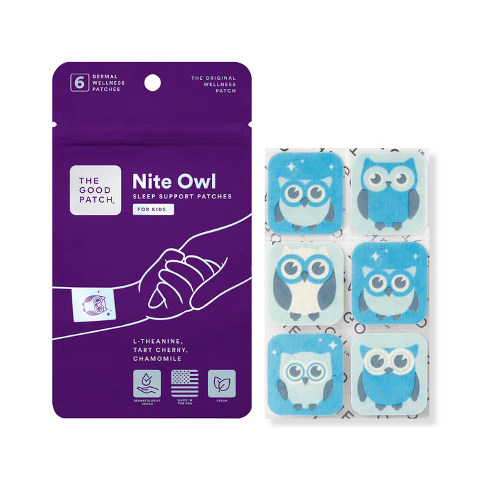 A purple pouch of Nite Owl Children’s Sleep Support Patches alongside six square blue patches featuring owl illustrations, designed as gentle sleep support for children.