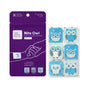 A purple pouch of Nite Owl Children’s Sleep Support Patches alongside six square blue patches featuring owl illustrations, designed as gentle sleep support for children.