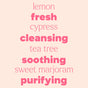 The image features words highlighting scents and effects present in Plant Therapy’s No More Warts Roll-On - Essential Oil Blend: lemon, fresh, cypress, cleansing, tea tree, soothing, sweet marjoram, and purifying. Select words are bolded and displayed larger for emphasis. These vibrant notes capture the revitalizing sensation of applying this botanical-infused wart remover.