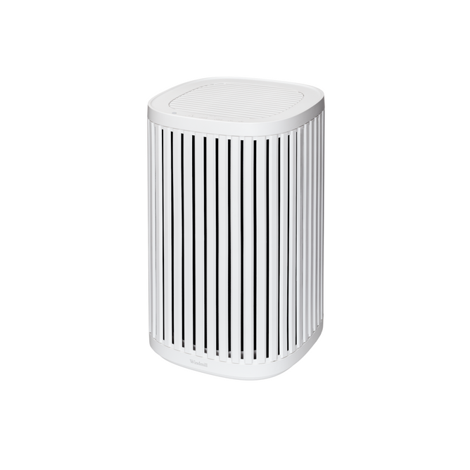 The Windmill Air Purifier by Windmill Air is a white, rectangular HEPA air purifier featuring vertical black vents on all sides for effective air quality monitoring, shown against a plain white background.