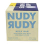 A Duo 2 Pack Bar Soap by Nudy Rudy, triple-milled with shea butter, goat milk, and plant oils. Made in Australia, each bar weighs 120g/4.2oz. Features blue and yellow text on a cream background with natural ingredients.