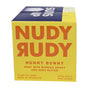 A yellow and orange box labeled Nudy Rudy Duo 2 Pack Bar Soap, triple milled with shea butter, Manuka honey, and natural ingredients, 120g total. Made in Australia. The top displays SOAP in large letters.