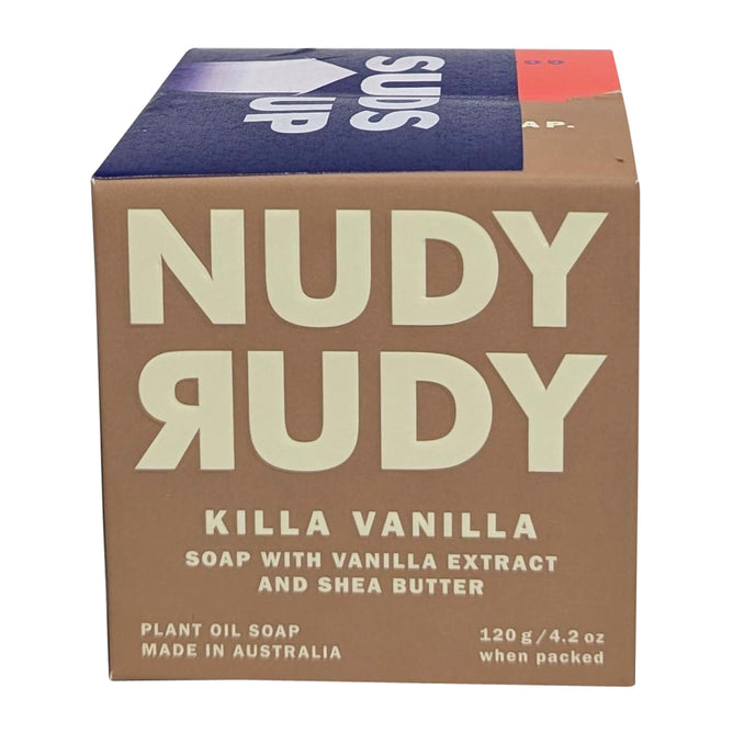 A brown and purple box labeled Nudy Rudy Duo 2 Pack Bar Soap, containing triple milled soap with vanilla extract and shea butter (120g), made in Australia with natural ingredients.