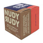 A brown, purple, and red boxed Duo 2 Pack Bar Soap by Nudy Rudy, featuring natural, no-additive ingredients and the slogan Just soap. No opera. on the side.