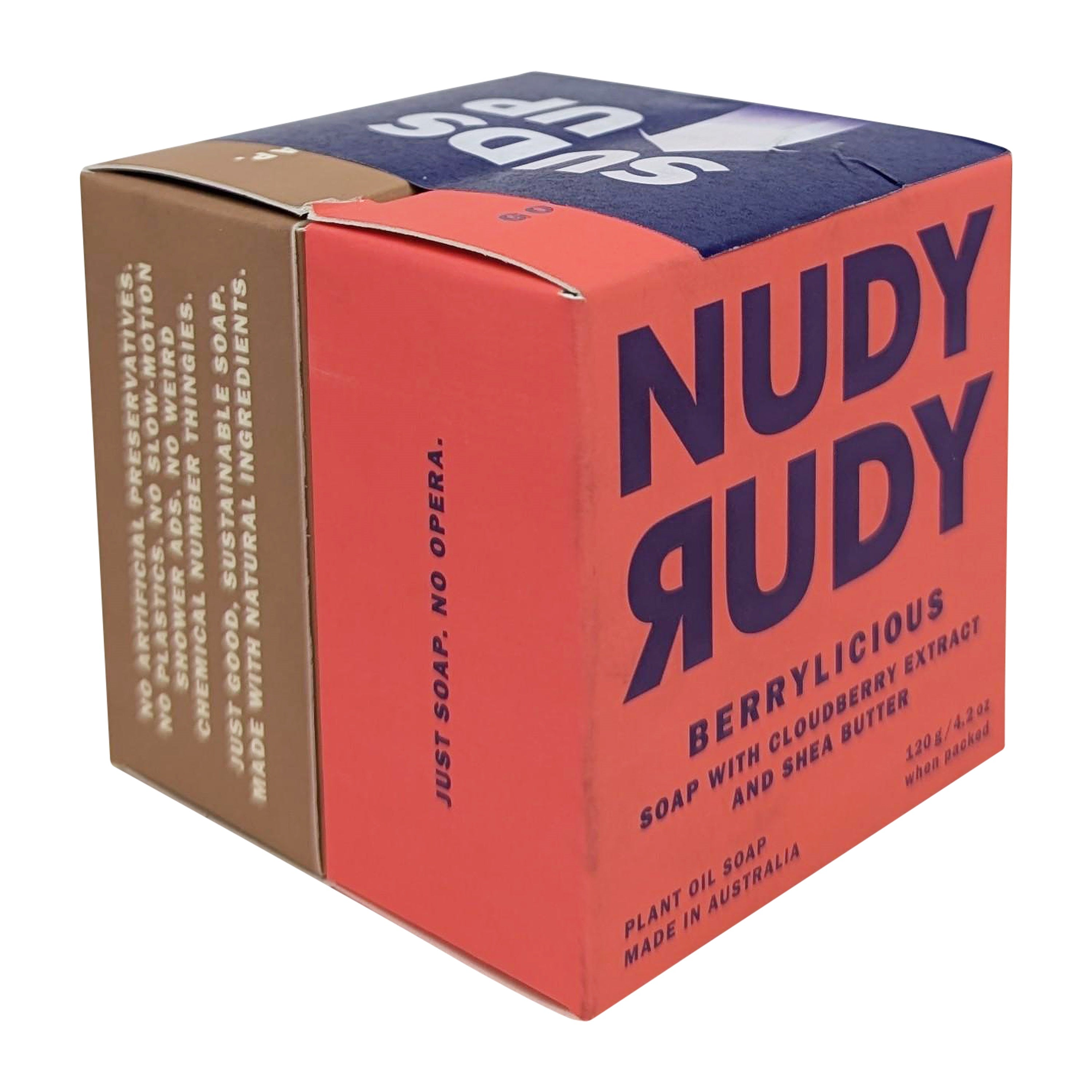 A Duo 2 Pack Bar Soap by Nudy Rudy, enriched with cloudberry extract and shea butter. The vibrant packaging emphasizes its natural ingredients and clearly states its Australian origin.