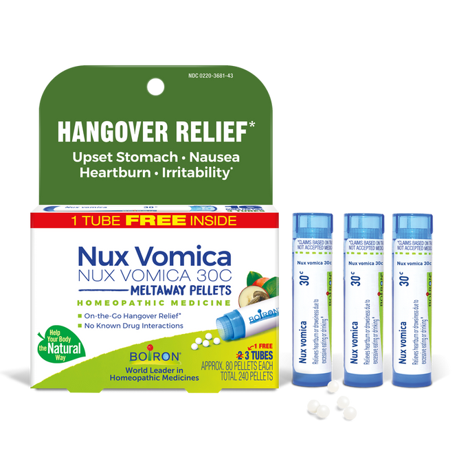 Boiron Nux Vomica 30C Meltaway Pellets + Bonus Pack provides gentle, homeopathic relief for hangover symptoms. The green label emphasizes support for upset stomach, nausea, heartburn, and irritability. The packaging displays four blue tubes alongside a box marked “1 tube free inside” with several white pellets shown nearby.
