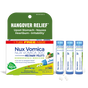 Boiron Nux Vomica 30C Meltaway Pellets + Bonus Pack provides gentle, homeopathic relief for hangover symptoms. The green label emphasizes support for upset stomach, nausea, heartburn, and irritability. The packaging displays four blue tubes alongside a box marked “1 tube free inside” with several white pellets shown nearby.