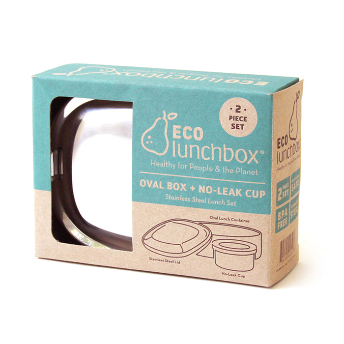 The EcoLunchBox Oval & Snack Cup Container is a reusable, plastic-free stainless steel lunch set with a no-leak cup, packed in an eco-friendly box—ideal for zero-waste, sustainable lunches.