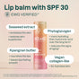A cylindrical tube of ATTITUDE Oceanly PHYTO-SUN Lip Balm SPF30 is centered on a light background, with surrounding text highlighting seaweed extract, phytoglycogen, kapangnan butter, and vegan collagen-like mineral sunscreen benefits.
