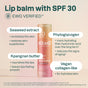 The ATTITUDE Oceanly PHYTO-SUN Lip Balm SPF30 is shown in its pink tube, with text highlighting its mineral sunscreen and key ingredients: seaweed extract, Kpangnan butter, phytoglycogen, and vegan collagen-like for skin benefits.