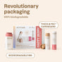 A display of ATTITUDE’s Oceanly Makeup Trio Set, featuring cruelty-free lipsticks and sticks in thick FSC-certified cardboard with biodegradable ink. Text highlights “Revolutionary packaging” and “100% biodegradable.”.