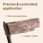 A mascara wand with brown Oceanly Mascara by ATTITUDE swept in a wide stroke. Text reads: Precise & controlled application, short and long bristles, lash density + volume, natural ingredients on a light beige background.