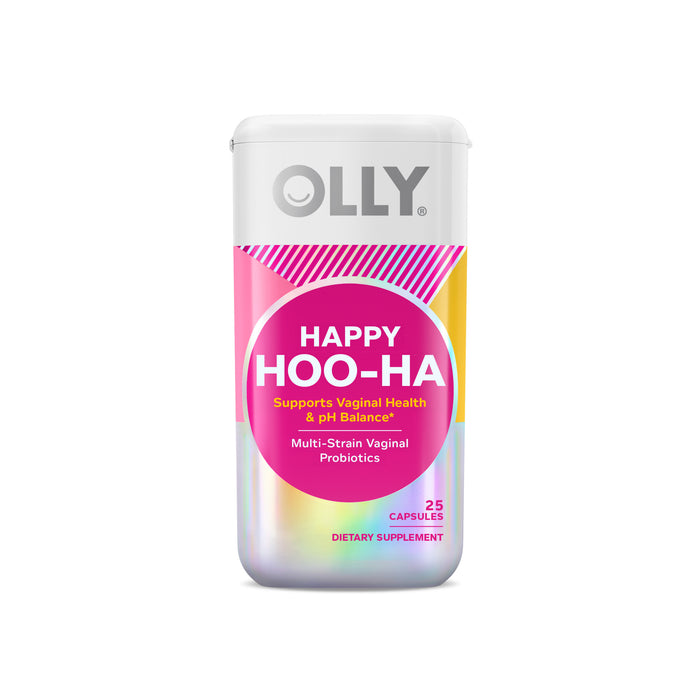 Image of an OLLY Happy Hoo-Ha supplement container with pink, yellow, and orange gradients. It supports vaginal health and pH balance with multi-strain probiotics like Lactobacillus acidophilus for a thriving vaginal microbiome.