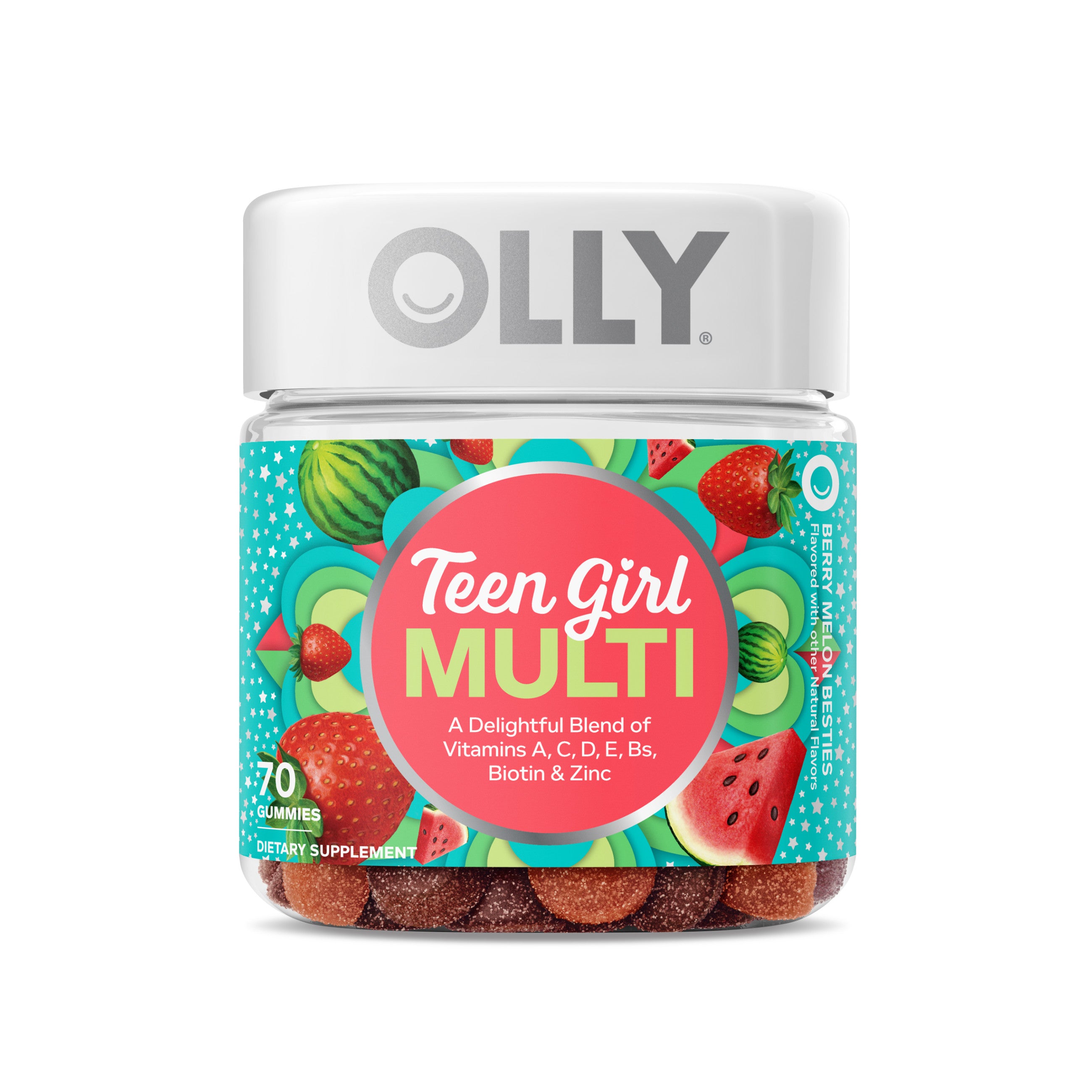 A jar of OLLY Teen Girl Multi gummies features a colorful label with vibrant illustrations of strawberries and watermelons. These 70 gummies deliver essential vitamins and minerals like Biotin and Zinc to promote overall health and immune support.