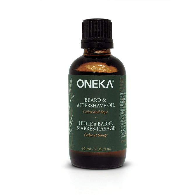 A 60 ml brown glass bottle of Oneka Beard Oil with a black cap and green label, featuring English and French text. This cedar and sage oil naturally conditions beards and doubles as an aftershave.