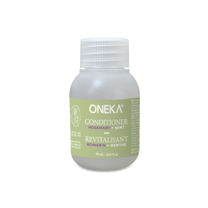 Oneka Conditioner - Rosemary & Mint, 75 mL bottle with a light green label and white cap, hydrates the scalp.