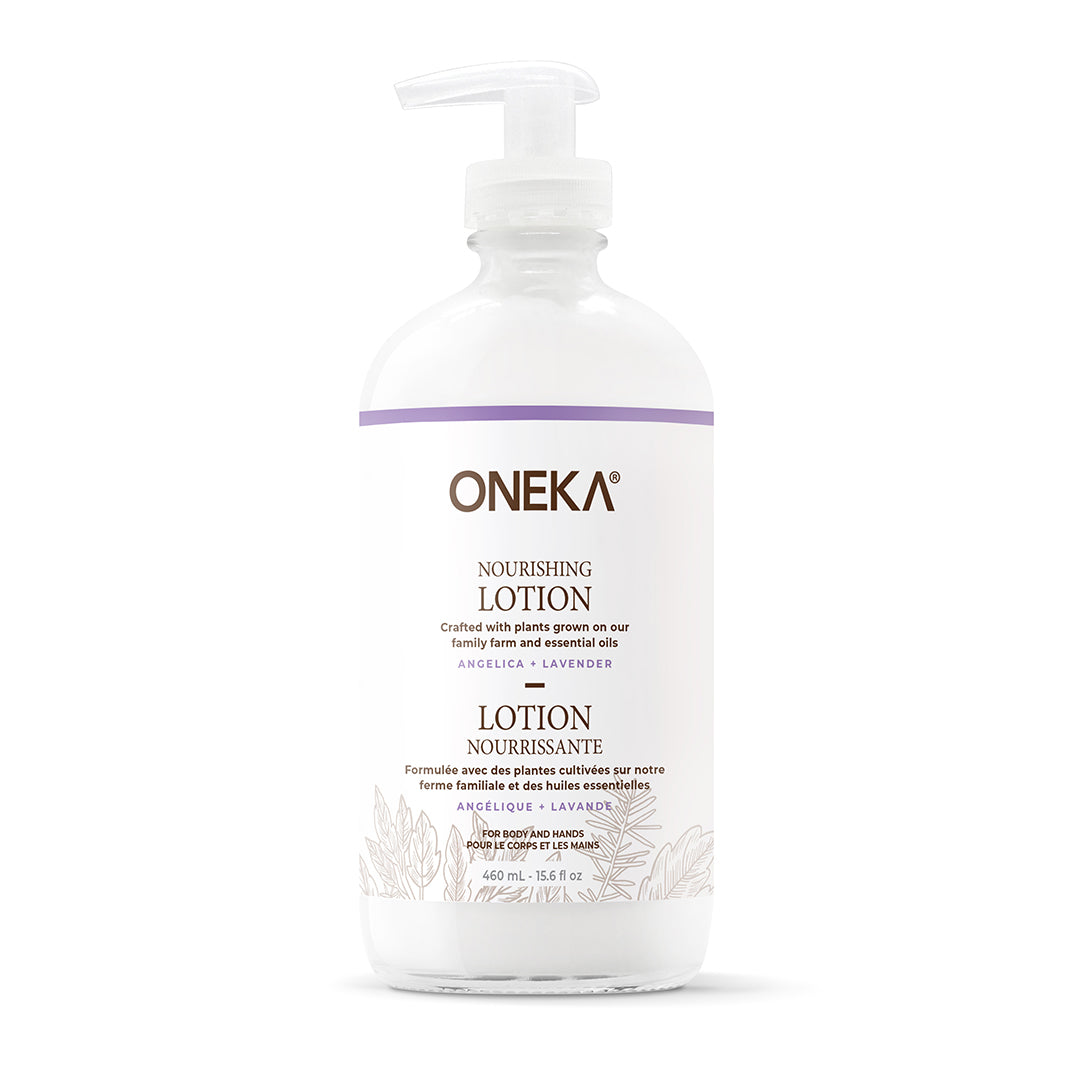 A 475 ml (16 fl oz) clear plastic pump bottle of Oneka Body Lotion - Angelica and Lavender, with a white label featuring purple accents, highlighting angelica and lavender ingredients.
