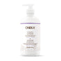 A 475 ml (16 fl oz) clear plastic pump bottle of Oneka Body Lotion - Angelica and Lavender, with a white label featuring purple accents, highlighting angelica and lavender ingredients.