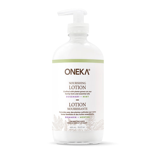 A clear 400 ml pump bottle of Oneka Body Lotion - Rosemary & Mint features a white label with green accents and botanical illustrations, offering nourishing organic hydration for skin.