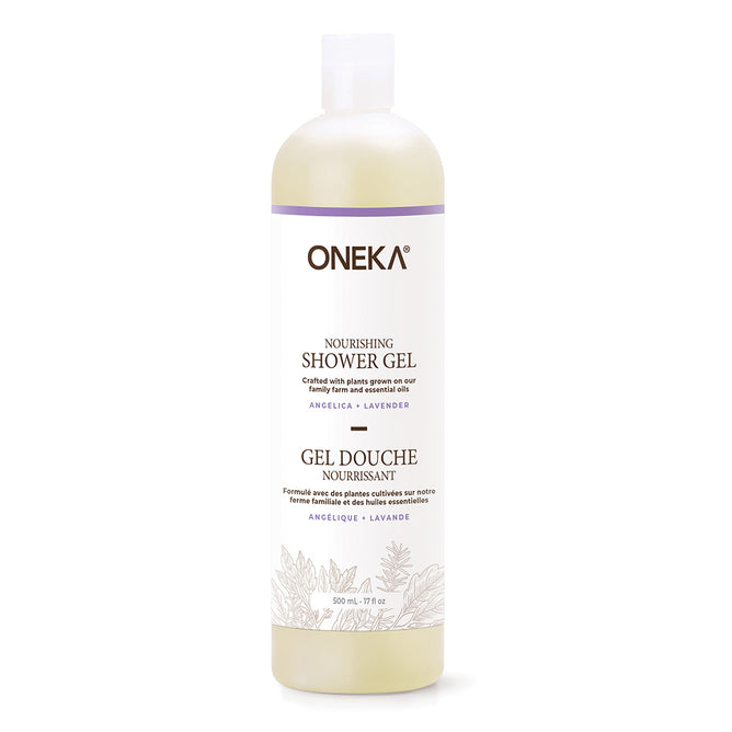 Oneka Shower Gel - Angelica and Lavender offers organic body care in a 500 ml (17 fl oz) bottle with a white label, purple accents, bilingual text, and a botanical illustration.