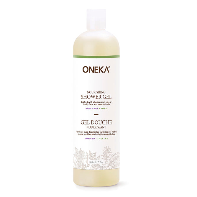 Oneka Shower Gel - Rosemary & Mint comes in a tall, clear 500 ml bottle with a white label and green accents featuring rosemary and mint artwork. This refreshing gel helps maintain your skin’s natural moisture balance.