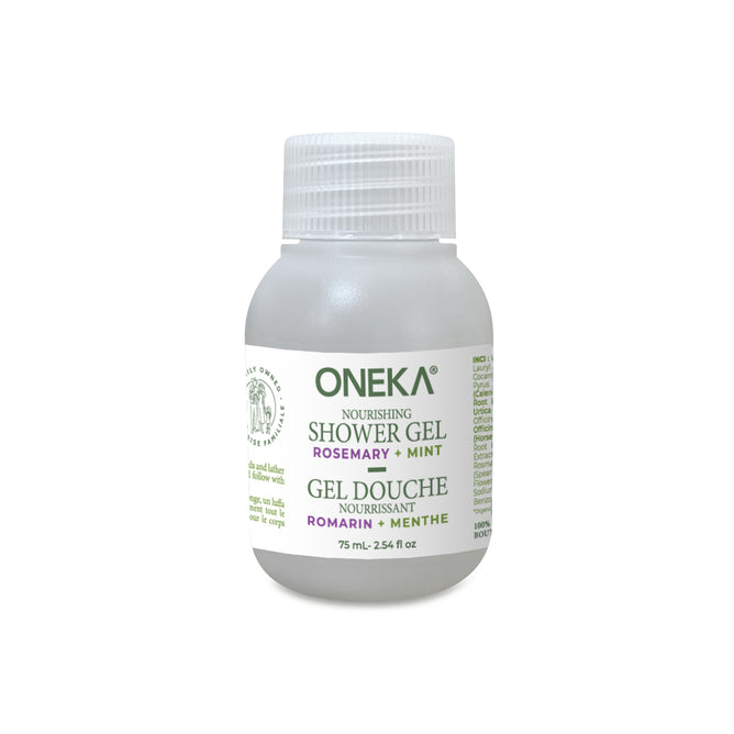 Oneka Shower Gel - Rosemary & Mint (75 mL) comes in a clear bottle with a white cap and bilingual English-French labeling, helping to maintain your skin’s natural moisture balance.