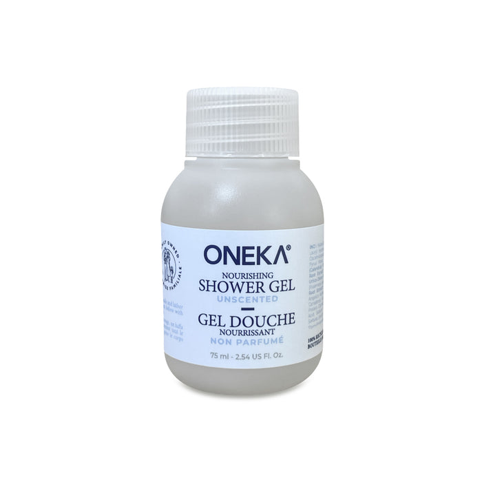 A 75 mL (2.54 fl. oz.) plastic bottle of Oneka Shower Gel - Unscented, gentle and hypoallergenic for sensitive skin, features bilingual English/French labeling and a white cap.
