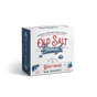 A box of Old Salt Hair/Beard Shampoo features blue and red nautical packaging with seashells and an anchor, vintage-style text, and is designed for both hair and beards.