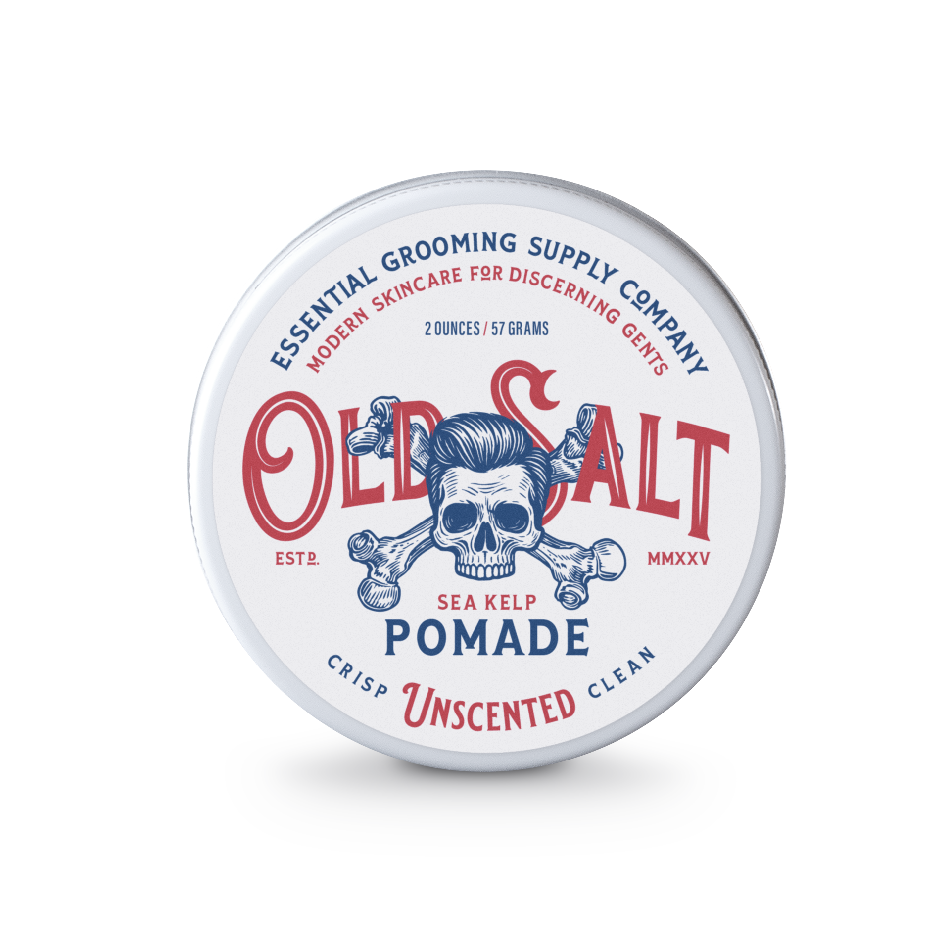 Old Salt Pomade comes in a round tin with a skull and crossed bones design. The unscented formula is crisp and clean, with red and blue text on a white background—ideal for your grooming kit.