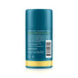 A teal and gold Oars + Alps Natural Deodorant stick viewed from the back shows ingredients, usage directions, company info in white/yellow text, barcode, website URL, and highlights its fresh ocean splash scent. Aluminum-free.