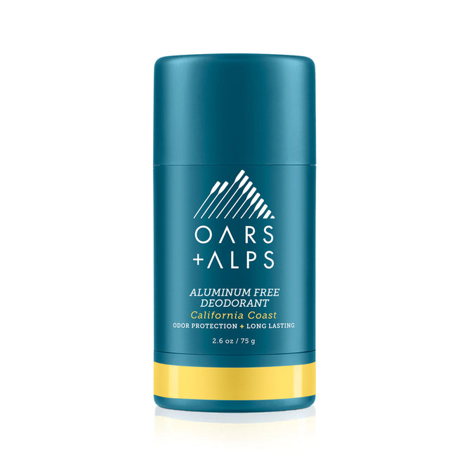 A teal and gold stick of Oars + Alps Natural Deodorant, California Coast scent, provides long-lasting odor protection with a fresh ocean aroma in a 2.6 oz size, shown on a plain white background.