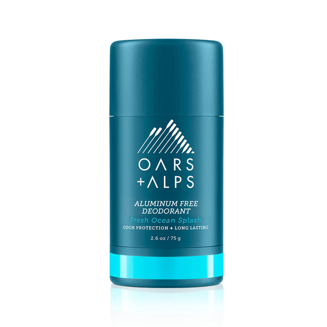 A teal stick of Oars + Alps Natural Deodorant, with white text and a geometric mountain logo, in the Fresh Ocean Splash scent. This aluminum-free formula helps prevent odor and keeps you feeling fresh all day.