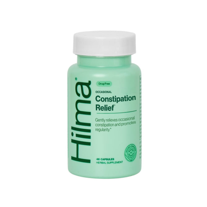 A green bottle labeled Hilma Occasional Constipation Relief contains 48 herbal supplement capsules that gently relieve occasional constipation and promote gentle bowel movement support.