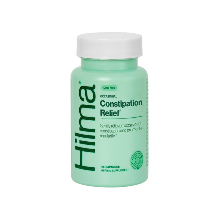 A green bottle labeled Hilma Occasional Constipation Relief contains 48 herbal supplement capsules that gently relieve occasional constipation and promote gentle bowel movement support.