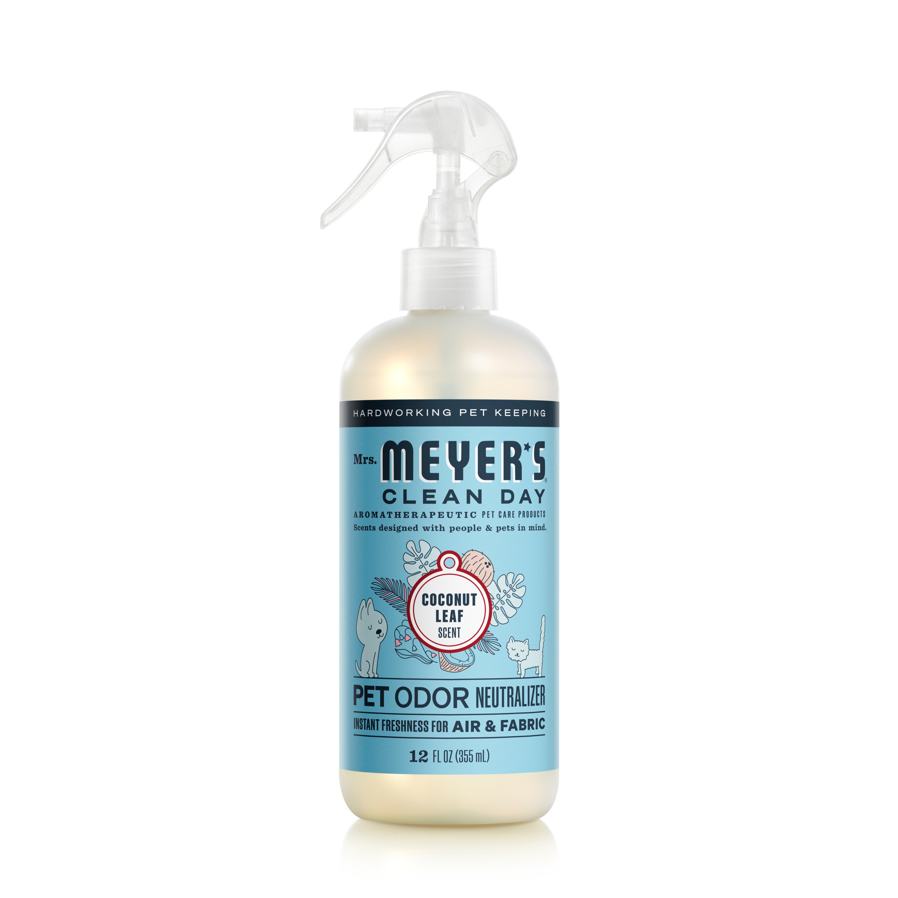 Mrs. Meyers Odor Neutralizer in Coconut Leaf scent, designed for air and fabric, holds 12 oz. and effectively fights pet odors with charming pet illustrations on the label.