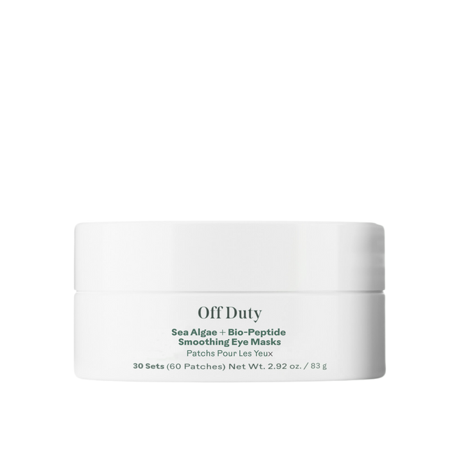 A white jar of Three Ships OffDuty™ Sea Algae + Bio-Peptide Smoothing Eye Masks holds 30 sets (60 patches) for under-eye hydration, with English and French text on the container, shown against a plain white background.