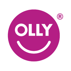 A magenta circle with the word OLLY in white letters above a curved white line resembling a smile; a small registered trademark symbol appears in the top right corner.