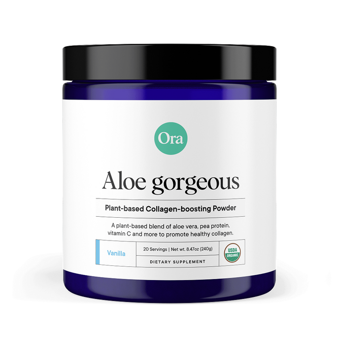 A blue jar of Ora Organic Aloe Gorgeous: Vegan Collagen-Boosting Powder in vanilla flavor, featuring aloe vera and pea protein. The USDA organic, plant-based formula is designed for dietary supplementation.