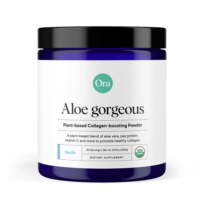 A blue jar of Ora Organic Aloe Gorgeous: Vegan Collagen-Boosting Powder in vanilla flavor, featuring aloe vera and pea protein. The USDA organic, plant-based formula is designed for dietary supplementation.