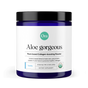 A blue jar of Ora Organic Aloe Gorgeous: Vegan Collagen-Boosting Powder in vanilla flavor, featuring aloe vera and pea protein. The USDA organic, plant-based formula is designed for dietary supplementation.